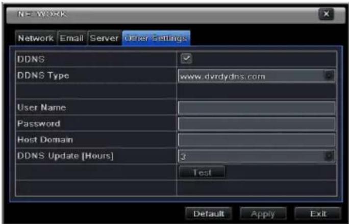 N= WORK Network Email Server Other Settings DDNS DDNS Type www.dvrdydns.com User Name Password Host Domain DDNS Update [Hours] 3 Test Default Apply Exit