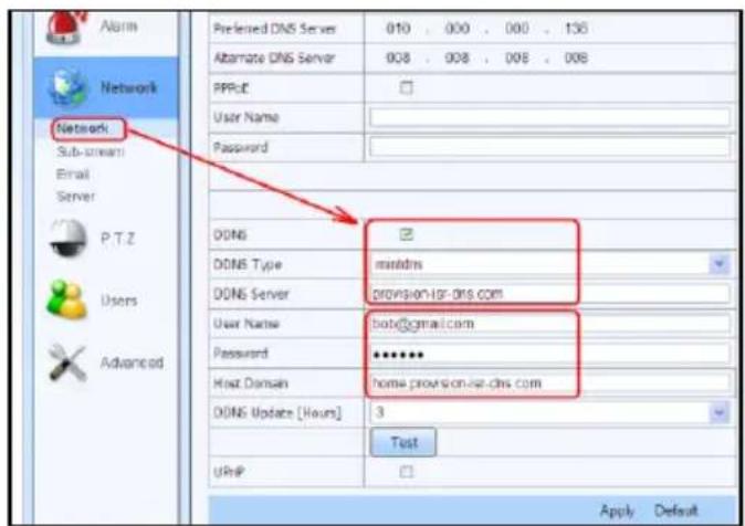 Preferred DNS Server 010 . 000 . 000 . 136 Alternate DNS Server 008 . 908 . 008 . 008 PPRut User Name Password DOINS DOINS Type mssddrs DOINS Server provision-lgr-dns.com User Name bob@gmail.com Password ****** Host Domain home provision-lgr-dns.com DOINS Update [Hours] 3 Test UPnP Apply Default