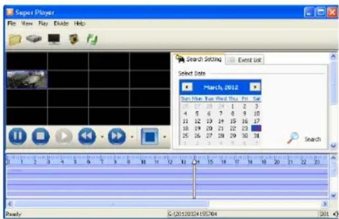 Super Player File View Play Divide Help Search Setting Event List Select Date March 2012 Sun Mon Tue Wed Thu Fri Sat 25 27 29 34 1 2 3 4 5 6 7 8 9 10 11 12 13 14 15 16 17 18 19 20 21 22 23 25 26 27 28 29 30 31 Search Ready S-12012024155704 201