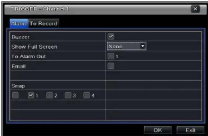 TRIGGER - Channel 1 Alarm To Record Buzzer Show Full Screen None To Alarm Out Email Snap OK Exit