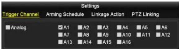 Settings Trigger Channel Arming Schedule Linkage Action PTZ Linking Analog A1 A2 A3 A4 A5 A6 A7 A8 A9 A10 A11 A12 A13 A14 A15 A16