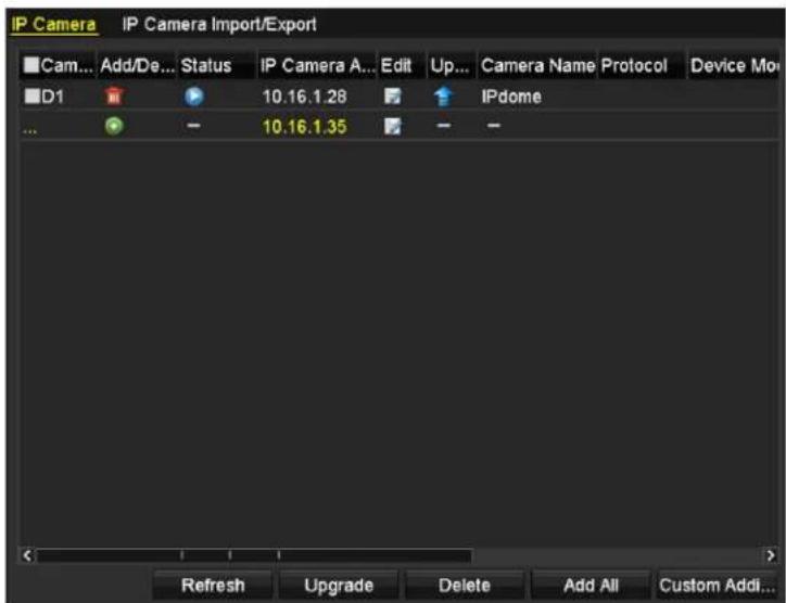 IP Camera IP Camera Import/Export Cam... Add/De... Status IP Camera A... Edit Up... Camera Name Protocol Device Mo D1 10.16.1.28 IPdome ... - 10.16.1.35 - Refresh Upgrade Delete Add All Custom Addi...