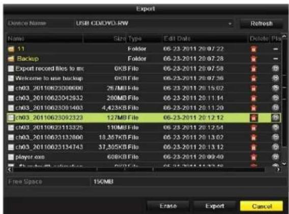 Export Device Name USB CD/DVD-RW Name Size Type Edit Date Delete Play 11 Folder 06-23-2011 20:07:22 Backup Folder 06-23-2011 20:07:28 Export record files to mc 0KB File 06-23-2011 20:07:58 Welcome to use backup 0KB File 06-23-2011 20:07:36 ch03_20110623006001 26/MB File 06-23-2011 20:15:02 ch03_20110623042932 280MB File 06-23-2011 20:11:14 ch03_20110623091403 4,423KB File 06-23-2011 20:11:20 ch03_20110623092323 127MB File 06-23-2011 20:12:12 ch03_20110623113325 110MB File 06-23-2011 20:12:54 ch03_20110623132800 18,367KB File 06-23-2011 20:13:07 ch03_20110623134743 37,305KB File 06-23-2011 20:13:12 player.exe 608KB File 06-23-2011 20:09:40 Free space 150MB Erase Export Cancel