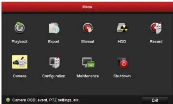 Menu Playback Export Manual HDD Record Camera Configuration Maintenance Shutdown Camera OSD, event, PTZ settings, etc. Exit