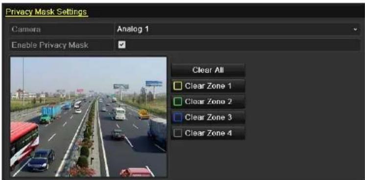 Privacy Mask Settings Camera Analog 1 Enable Privacy Mask Clear All Clear Zone 1 Clear Zone 2 Clear Zone 3 Clear Zone 4