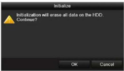 Initialize Initialization will erase all data on the HDD. Continue? OK Cancel