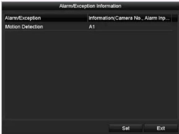 Alarm/Exception Information Alarm/Exception Information(Camera No., Alarm Inp... Motion Detection A1 Set Exit