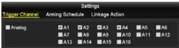 Settings Trigger Channel Arming Schedule Linkage Action Analog A1 A2 A3 A4 A5 A6 A7 A8 A9 A10 A11 A12 A13 A14 A15 A16