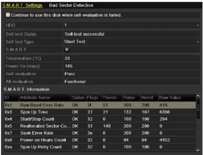 S.M.A.R.T. Settings Bad Sector Detection Continue to use this disk when self-evaluation is failed. HDD 1 Self-test Status Self-test successful Self-test Type Short Test S.M.A.R.T . Temperature (°C) 33 Power On (days) 185 Self-evaluation Pass All-evaluation Functional S.M.A.R.T. Information ID Attribute Name Status Flags Thresh... Value Worst Raw Value 0x1 Raw Read Error Rate OK 21 51 200 200 418 0x3 Spin Up Time OK 27 21 132 107 6366 0x4 Start/Stop Count OK 32 0 100 100 294 0x5 Reallocated Sector Co... OK 33 140 200 200 0 0x7 Seek Error Rate OK 2e 0 200 200 0 0x9 Power-on Hours Count OK 32 0 94 94 4452 0xa Spin Up Retry Count OK 32 0 100 100 0