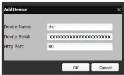 Add Device Device Name: dvr Device Serial:XXXXXXXXXXXXXX Http Port: 80 OK Cancel