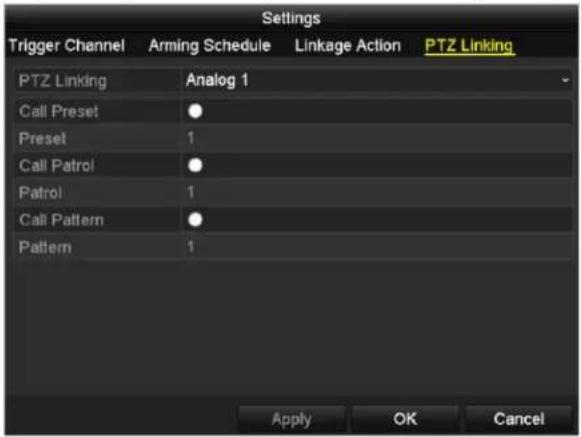 Settings Trigger Channel Arming Schedule Linkage Action PTZ Linking PTZ Linking Analog 1 Call Preset ● Preset 1 Call Patrol ● Patrol 1 Call Pattern ● Pattern 1 Apply OK Cancel