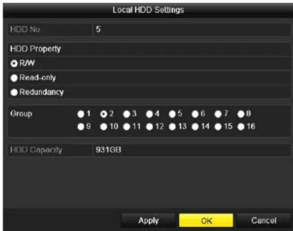 Local HDD Settings HDD No: 5 HDD Property ● RAW ● Read-only ● Redundancy Group 1 2 3 4 5 6 7 8 9 10 11 12 13 14 15 16 HDD Capacity 931GB Apply OK Cancel