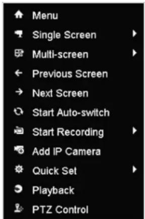 Menu Single Screen Multi-screen Previous Screen Next Screen Start Auto-switch Start Recording Add IP Camera Quick Set Playback PTZ Control