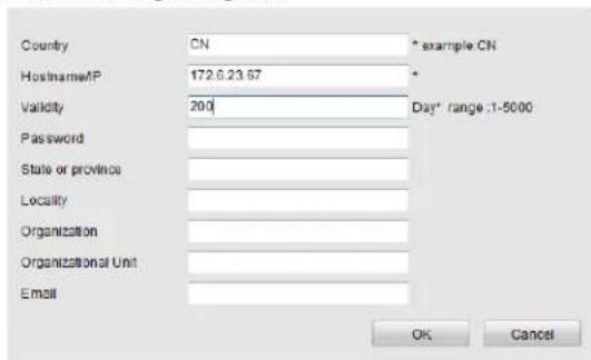 Country CN * example CN HostnameWP 172.6.23.67 * Validity 200 Day* range:1-5000 Password State or province Locality Organization Organizational Unit Email OK Cancel