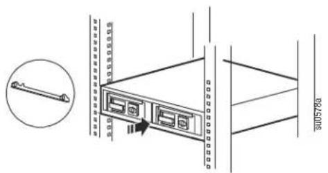 Technical diagram showing a server rack with labeled connection points and a magnified inset of the device's cable.