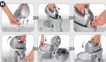Step-by-step cooking process showing mixing of ingredients in a kitchen mixer, with numbered steps and directional arrows.
