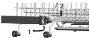 Technical diagram of a mechanical assembly with labeled parts 1 and 2, showing components like gears and springs.