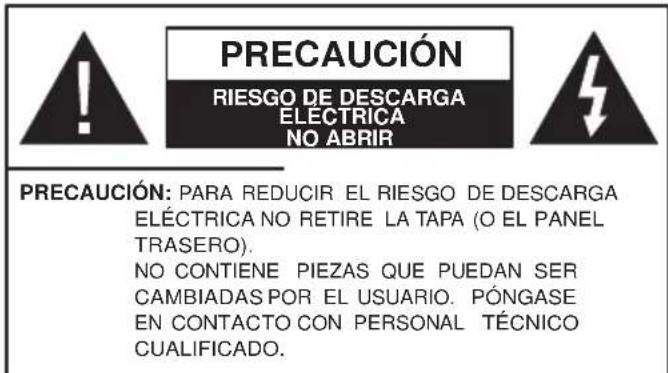 PRECAUCIÓN RIESGO DE DESCARGA ELECTRICA NO ABRIR PRECAUCIÓN: PARA REDUCIR EL RIESGO DE DESCARGA ELÉCTRICA NO RETIRE LA TAPA (O EL PANEL TRASERO). NO CONTIENE PIEZAS QUE PUEDAN SER CAMBIADAS POR EL USUARIO. PÓNGASE EN CONTACTO CON PERSONAL TÉCNICO CUALIFICADO.