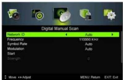 Digital Manual Scan Network ID Auto Frequency 110000 kHz Symbol Rate Auto Modulation Auto Start Strength 0 Move ▶Adjust MENU: Return EXIT: Exit