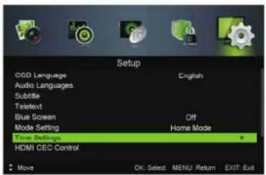 Setup OGD Language Audio Languages Subtitle Telextext Blue Screen Mode Setting Home Mode Home Settings HDMI CEC Control Move English Off Home Mode OK: Select MENU: Return EXIT: Exit