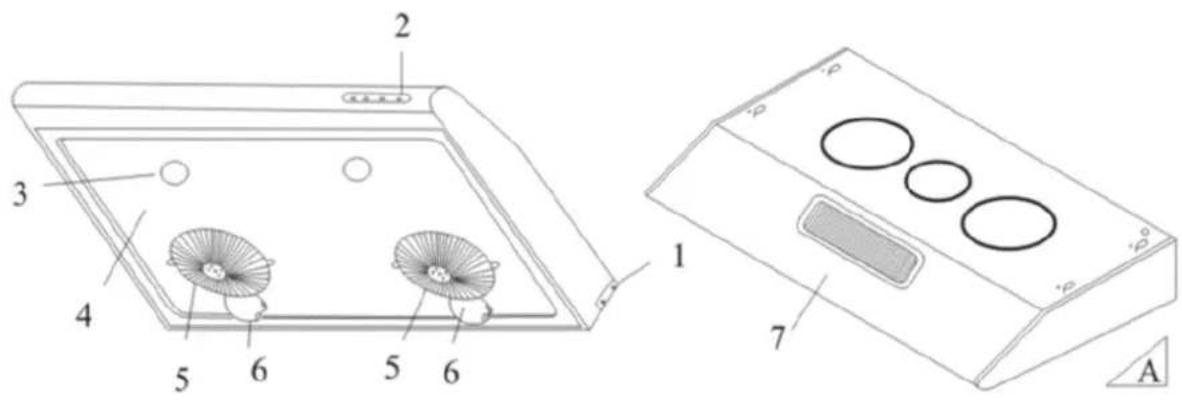 Technical diagram of a device with labeled components and parts, including a 3D panel and a 2D box with internal fans and a control panel.