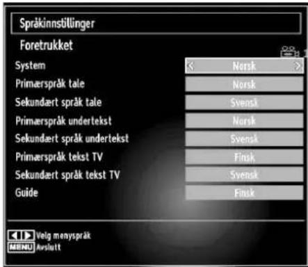 Spräkinnställinger Foretrukket System Norsk Primæspråk tale Norsk Sekundært språk tale Svensk Primæspråk undertekst Norsk Sekundært språk undertekst Svensk Primæspråk tekst TV Finsk Sekundært språk tekst TV Svensk Guide Finsk Velg monyspråk MENU Avslutt