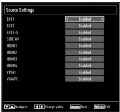 Source Settings EXT1 EXT2 EXT2-S SIDE AV HDMI1 HDMI2 HDMI3 HDMI4 YPbPr VGA/PC Enabled Enabled Enabled Enabled Enabled Enabled Enabled Enabled Navigate Change Value Back MENU Exit