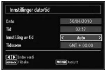 Innstillinger dato/tid Dato 30/04/2010 Tid 02:37 Innstilling av tid < Auto > Tidssone GMT + 00:00 Endre verdi SETBACK Tilbake MENU Avslutt