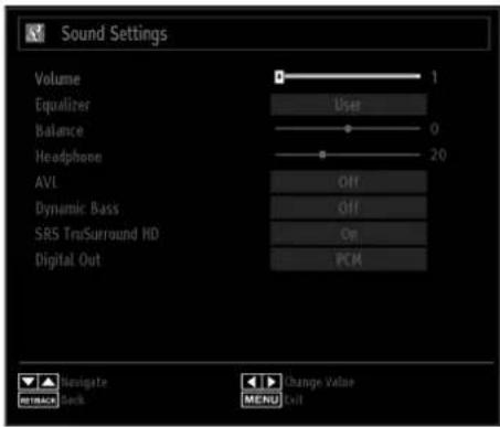 Sound Settings Volume 1 Equalizer User Balance 0 Headphone 20 AVL Off Dynamic Bass Off SRS TruSurround HD Out Digital Out PCM Navigate MTBACK Back Change Value MENU Exit