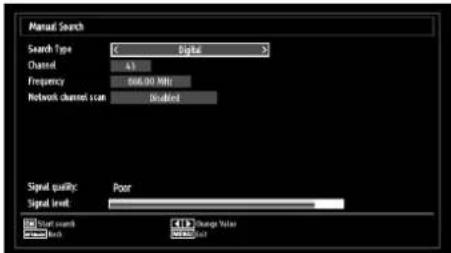 Manual Search Search Type: < Digital > Channel: 43 Frequency: 606.00 MHz Network channel scan: Required Signal quality: Poor Signal level: Start search Start back Change Value Change Value