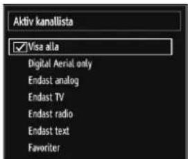 Aktiv kanollista ✓ Visa alla Digital Aerial only Endast analog Endast TV Endast radio Endast text Favorite