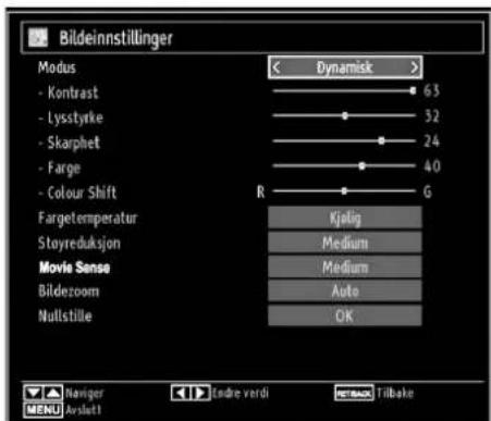 Bildeinnstillinger Modus - Kontrast - Lysstyrke - Skarphet - Farge - Colour Shift Targetemperatur Stayreduksjon Movie Sense Bildezoom Nullstille Dynamisk 63 32 24 40 R G Kjögig Medium Medium Auto OK