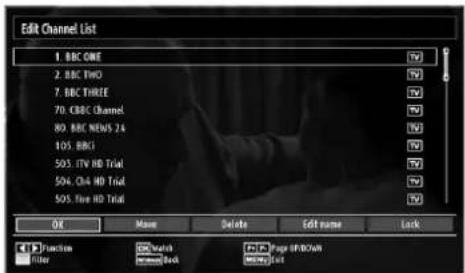 Edit Channel List 1. BBC ONE 2. BBC TWO 7. BBC THREE 70. CBC Channel 80. BBC NEWS 24 105. BBGI 503. ITV HD Trial 504. CH4 HD Trial 505. Tree HD Trial OK Name Delete Edit name Lack Function Watch pace Page OFF/Down filter NewBook Next List