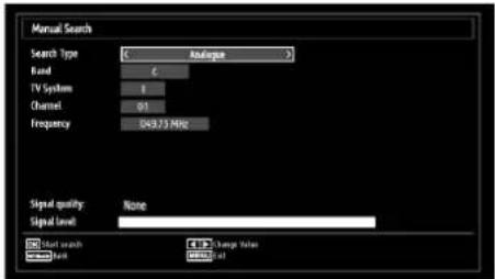Manual Search Search Type: None Band: 6 TV System: 1 Channel: 01 Frequency: 549.73 MHz Signal quality: None Signal level: Start search End Change Values End