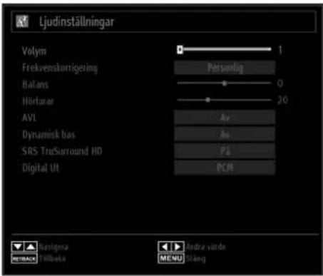 Ljudinställningar Volym Frekvenskorrigezing Balans Hörturar AVL Dynamisk bas SRS TruSurround HD Digital Ut Persanlig 0 20 Av An Pa PCM Antigera FIBAKS Andra värde MENU Säng