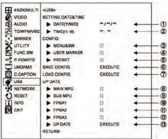 4K/2K/MULTI VIDEO AUDIO TCWFM/VBC MARKER UTILITY FUNC.SW P.REMOTE UND/IMD C.CAPTION USB NETWORK RESET INFO EXIT SETTING DATE&TIME ► DATE(YWD) - / * / ► TIME(H: M) - / CONFIG ► MENU&SW □ ► USER MARKER □ ► PRESET □ SAVE CONFIG EXECUTE LOAD CONFIG EXECUTE UP DATE ► MAN MPU □ ► SUB MPU □ ► FPGA1 □ ► FPGA2 □ ► FPGA3 □ ► UP DATE EXECUTE RETURN