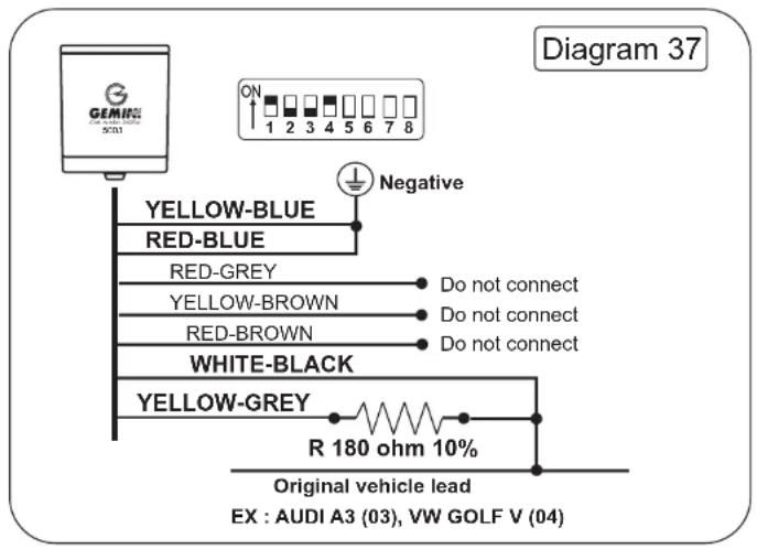 GEMIF SCN1 ON 1 2 3 4 5 6 7 8 Yellow-BLUE RED-BLUE RED-GREY YELLOW-BROWN RED-BROWN WHITE-BLACK YELLOW-GREY R 180 ohm 10% Original vehicle lead EX : AUDI A3 (03), VW GOLF V (04) Negative Do not connect Do not connect Do not connect Original vehicle lead
