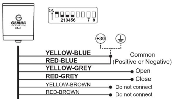ON 213456 7 8 GEMING 5003 +30 YELLOW-BLUE Common RED-BLUE (Positive or Negative) YELLOW-GREY Open RED-GREY Close YELLOW-BROWN Do not connect RED-BROWN Do not connect