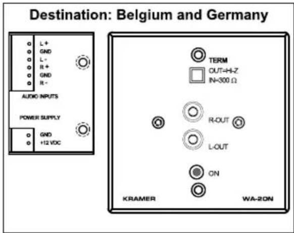 Destination: Belgium and Germany L+ GND L- R+ GND R- AUDIO INPUTS POWER SUPPLY GND +12 VDC TERM OUT=HI-Z IN=300 Ω R-OUT L-OUT ON KRAMER WA-2ON