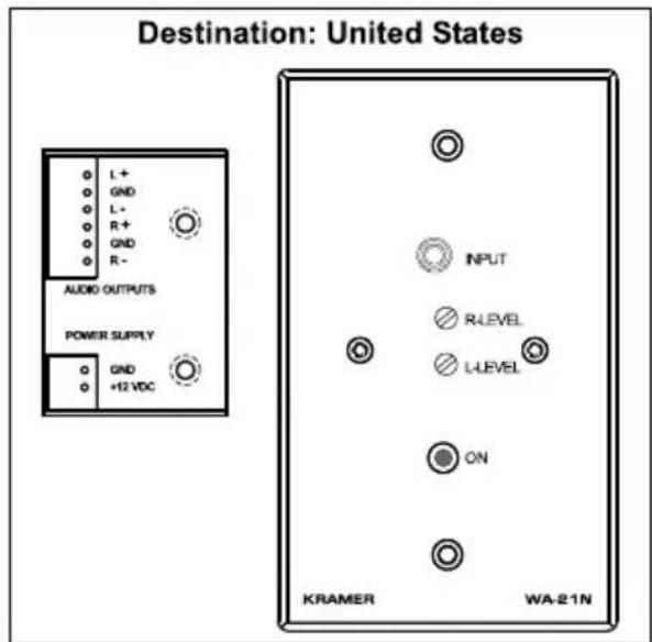 Destination: United States L+ GND L- R+ GND R- AUDIO OUTPUTS POWER SUPPLY GND +12 VDC INPUT R-LEVEL L-LEVEL ON KRAMER WA-21N