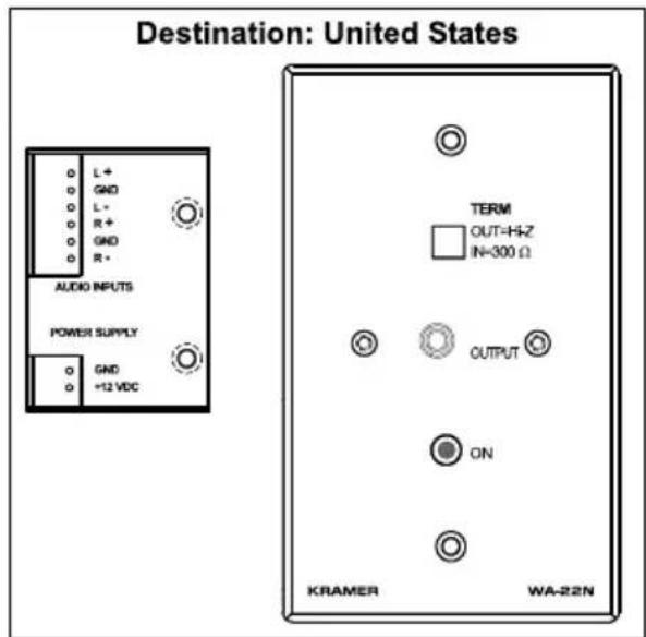 Destination: United States L + GND L * R + GND R * AUDIO INPUTS POWER SUPPLY GND +12 VDC TERM OUT=H+Z IN=300 Ω OUTPUT ON KRAMER WA-22N