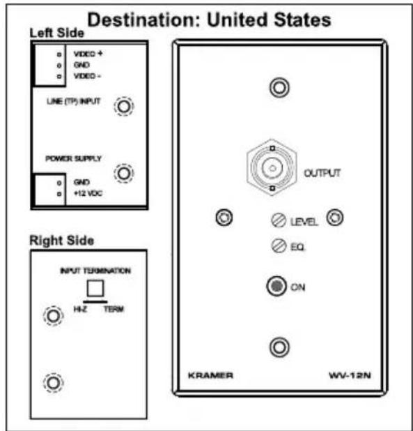 Destination: United States Left Side VIDEO + GND VIDEO - LINE (TP) INPUT POWER SUPPLY GND +12 VDC OUTPUT LEVEL EQ ON KRAMER WV-12N Right Side INPUT TERMINATION HZ TERM