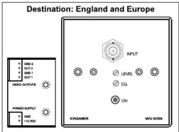 Destination: England and Europe GND 2 OUT 2 GND 1 OUT 1 VIDEO OUTPUTS POWER SUPPLY GND +12 VDC INPUT LEVEL EQL ON KRAMER WV-2ON