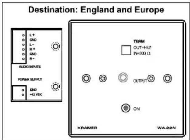 Destination: England and Europe L+ GND L- R+ GND R+ AUDIO INPUTS POWER SUPPLY GND +12 VDC TERM OUT=Hi-Z IN=300 Ω OUTPUT ON KRAMER WA-22N