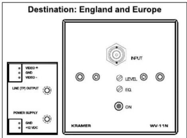 Destination: England and Europe VIDEO + GND VIDEO - LINE (TP) OUTPUT POWER SUPPLY GND +12 VDC INPUT LEVEL EQ ON KRAMER WV-11N