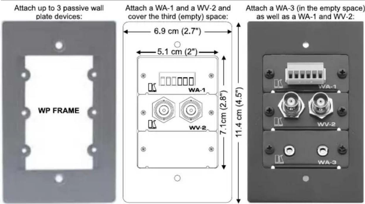 Attach up to 3 passive wall plate devices: WP FRAME Attach a WA-1 and a WV-2 and cover the third (empty) space: 6.9 cm (2.7") 5.1 cm (2") WA-1 WV-2 7.1 cm (2.8") 11.4 cm (4.5") Attach a WA-3 (in the empty space) as well as a WA-1 and WV-2: