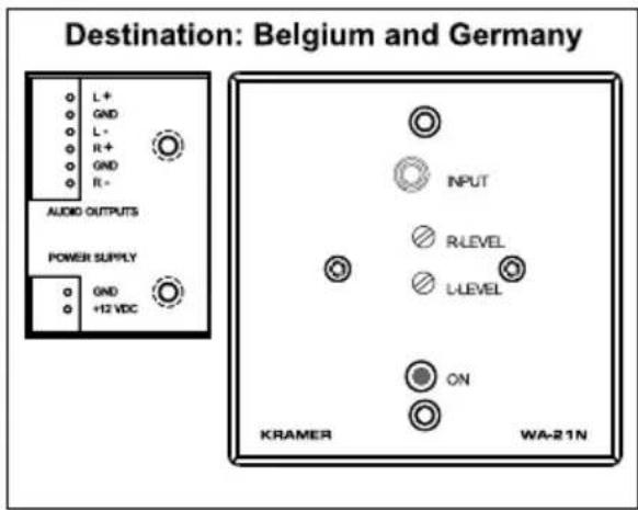 Destination: Belgium and Germany L+ GND L- R+ GND R- AUDIO OUTPUTS POWER SUPPLY GND +12 VDC INPUT R-LEVEL L-LEVEL ON KRAMER WA-21N