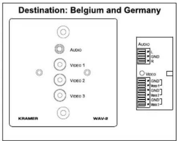Destination: Belgium and Germany AUDIO VIDEO 1 VIDEO 2 VIDEO 3 KRAMER WAV-2 AUDIO L GND R VIDEO GND Web1- GND Web2- GND Web3-