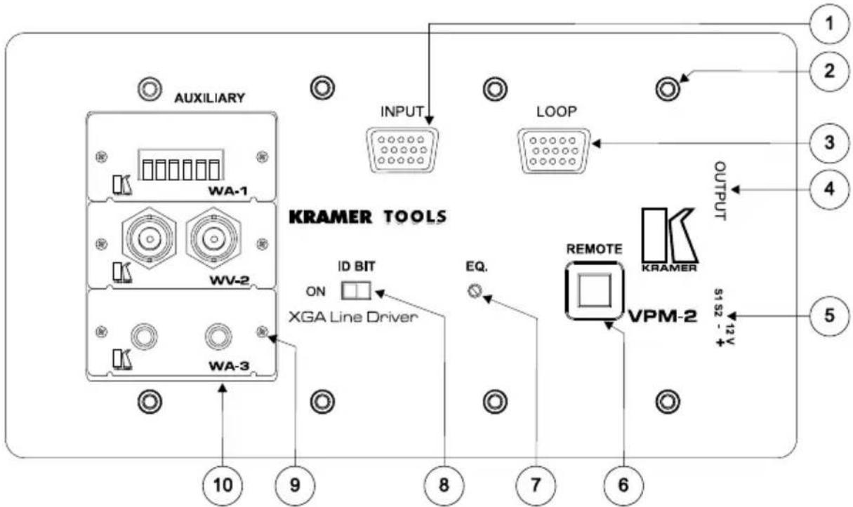 AUXILIARY WA-1 WV-2 WA-3 INPUT LOOP ID BIT ON XGA Line Driver EQ. REMOTE KRAMER VPM-2 OUTPUT +12V 5 10 9 8 7 6