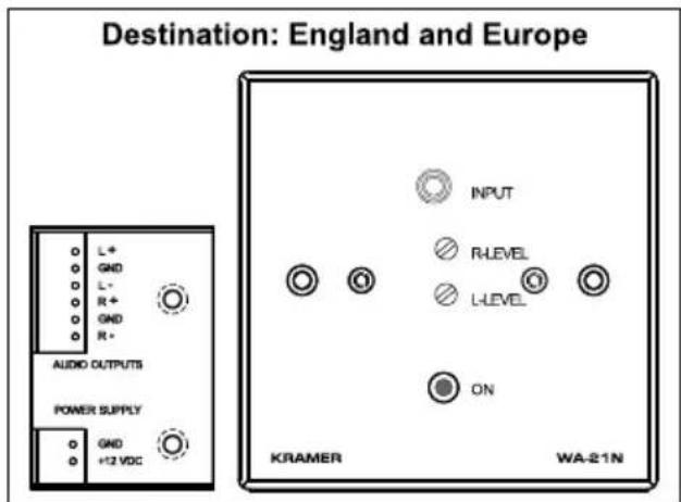 Destination: England and Europe L+ GND L+ R+ GND R+ AUDIO OUTPUTS POWER SUPPLY GND +12 VDC INPUT R-LEVEL L-LEVEL ON KRAMER WA-21N